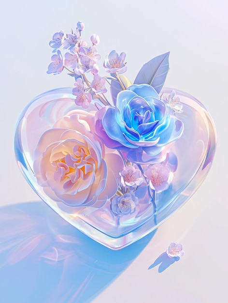 there is a glass heart shaped vase with flowers inside of it generative ai