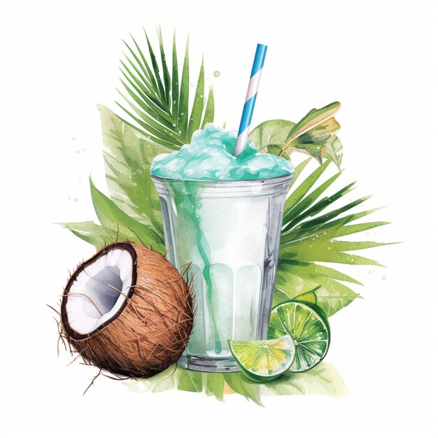 There is a glass of ice and a coconut with a straw generative ai