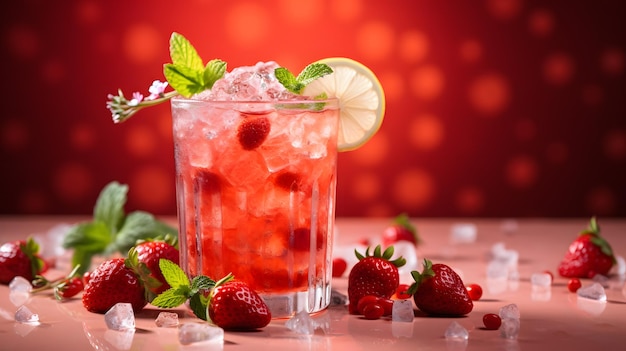 there is a glass of ice and a strawberry drink with a lime slice Generative AI