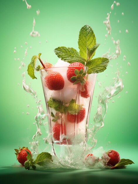 There is a glass of ice with strawberries and mint leaves generative ai