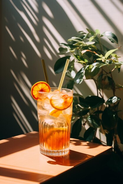 there is a glass of iced tea with orange slices on the side generative ai