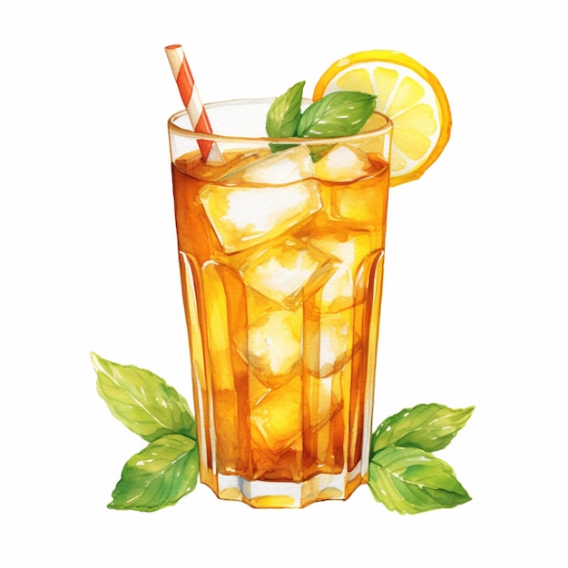 there is a glass of iced tea with a straw and a slice of lemon generative ai