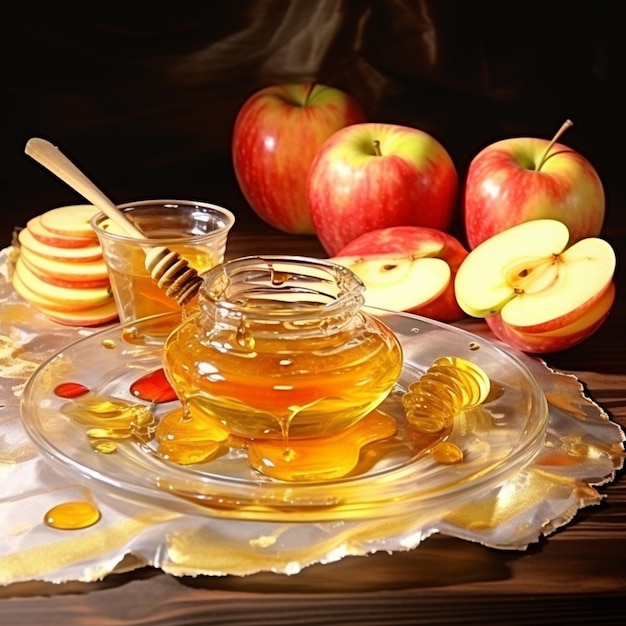 Photo there is a glass jar of honey and some apples on a table generative ai