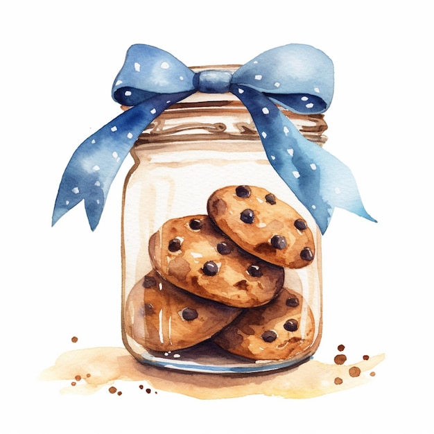 There is a glass jar with cookies in it and a blue bow generative ai