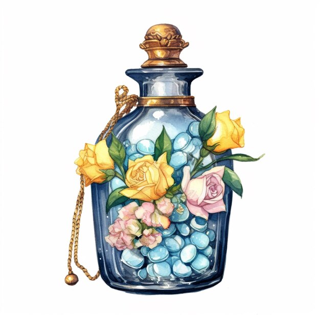 there is a glass jar with flowers and beads inside of it generative ai