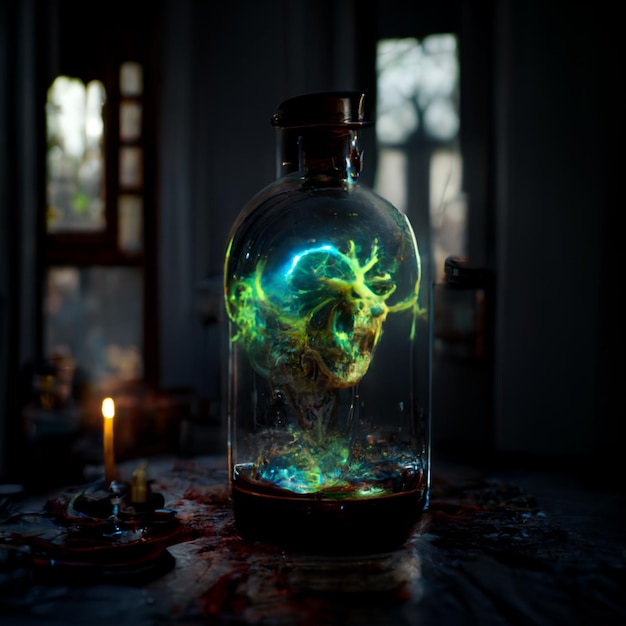 There is a glass jar with a glowing skull inside of it generative ai