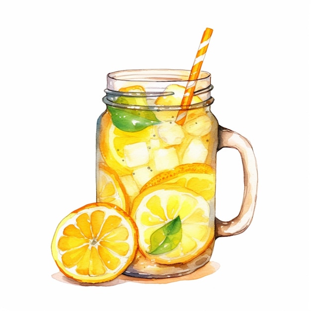 Photo there is a glass jar with lemonade and a straw generative ai