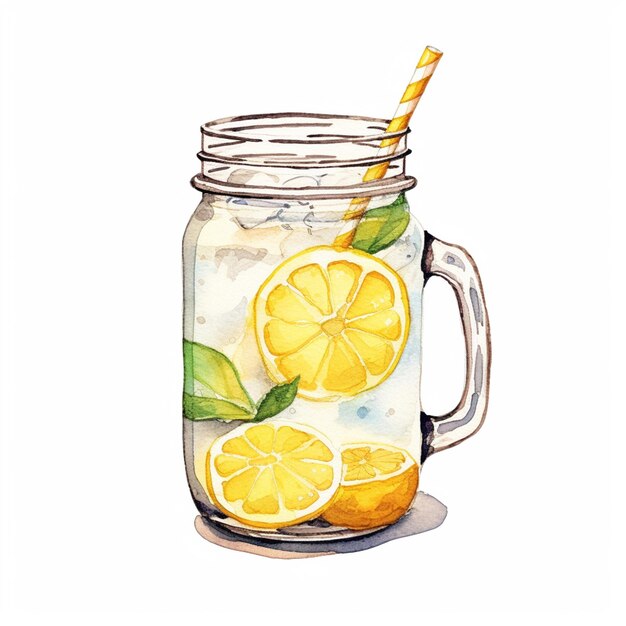 Photo there is a glass jar with lemons and a straw in it generative ai