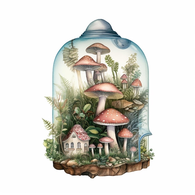 There is a glass jar with a mushroom and house inside generative ai