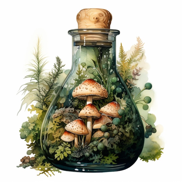 there is a glass jar with mushrooms and plants inside of it generative ai