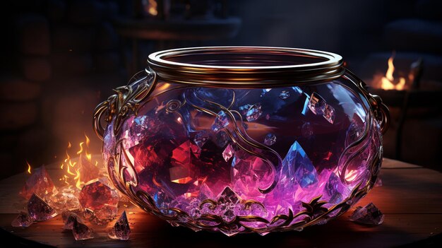 there is a glass jar with a purple and red liquid inside generative ai