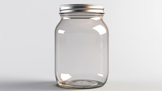 There is a glass jar with a silver lid on a white surface generative ai