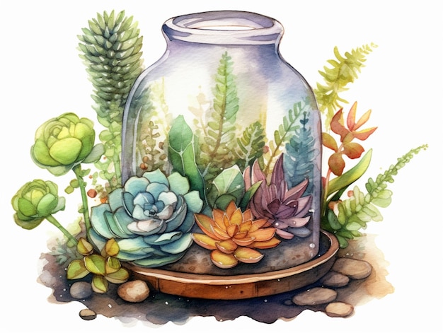 there is a glass jar with succulents and plants inside generative ai