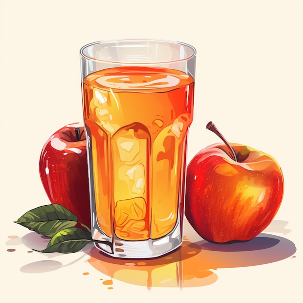 there is a glass of juice and two apples on the table generative ai