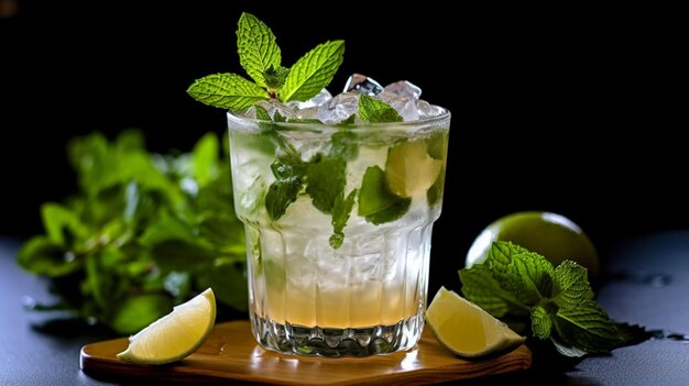 There is a glass of lemonade with mint and lime slices generative ai