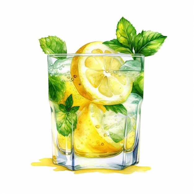 There is a glass of lemonade with a slice of lemon and mint generative ai