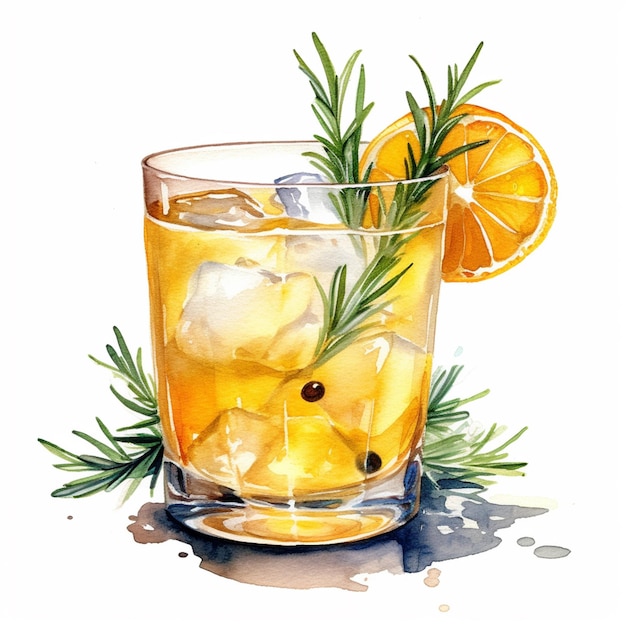 There is a glass of lemonade with a sprig of rosemary generative ai
