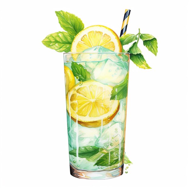 there is a glass of lemonade with a straw and a lemon slice generative ai