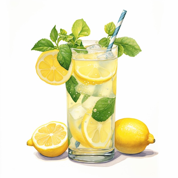 There is a glass of lemonade with a straw and lemons generative ai