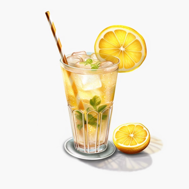 There is a glass of lemonade with a straw and a slice of lemon generative ai