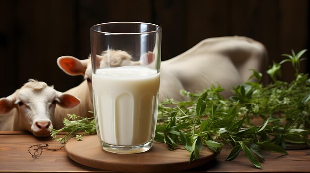 Foto c'è un bicchiere di latte e una mucca su un tavolo.