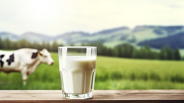 Photo there is a glass of milk sitting on a table with a cow in the background generative ai