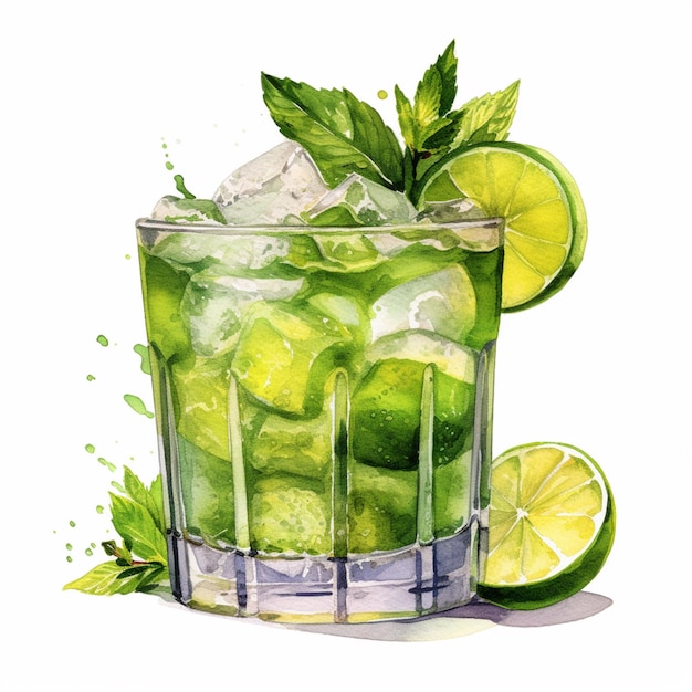 There is a glass of mojita with lime and mint leaves generative ai