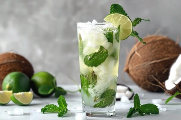 Foto c'è un bicchiere di mojita con lime e foglie di menta.