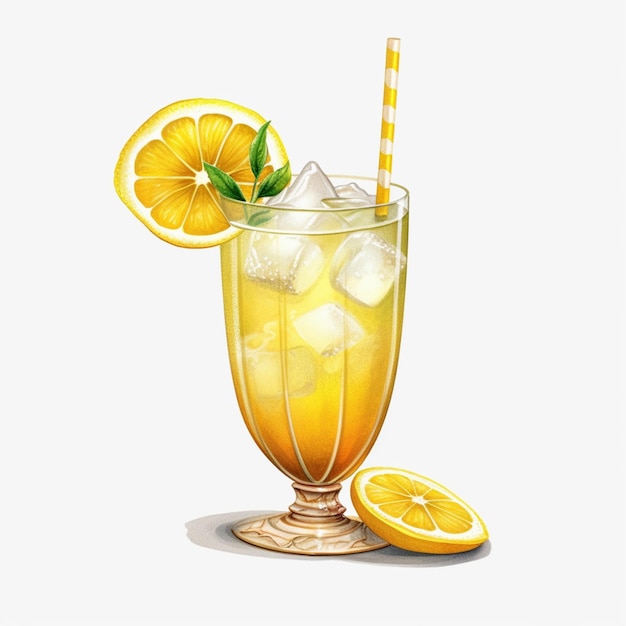 There is a glass of orange juice with a straw and lemon slices generative ai