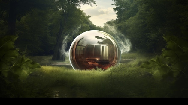 Foto c'è una sfera di vetro con il riflesso di una casa in esso generativo ai