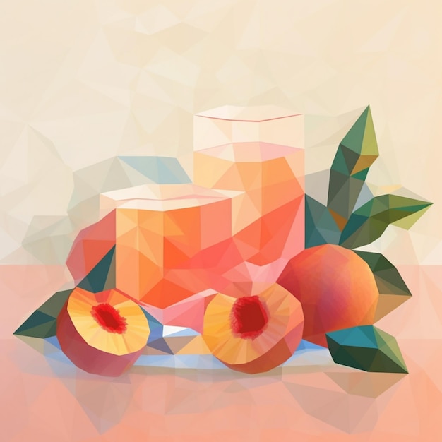 Есть стакан персикового сока и два персика на столе.