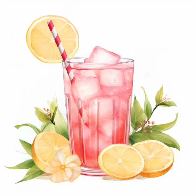there is a glass of pink drink with ice and lemon slices generative ai