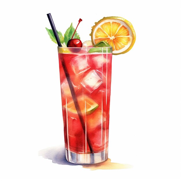 レモンのスライスとストロージェネレーティブAIの赤い飲み物のグラスがあります