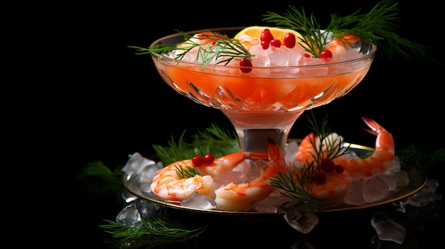 Photo there is a glass of shrimp cocktail with ice and garnish generative ai