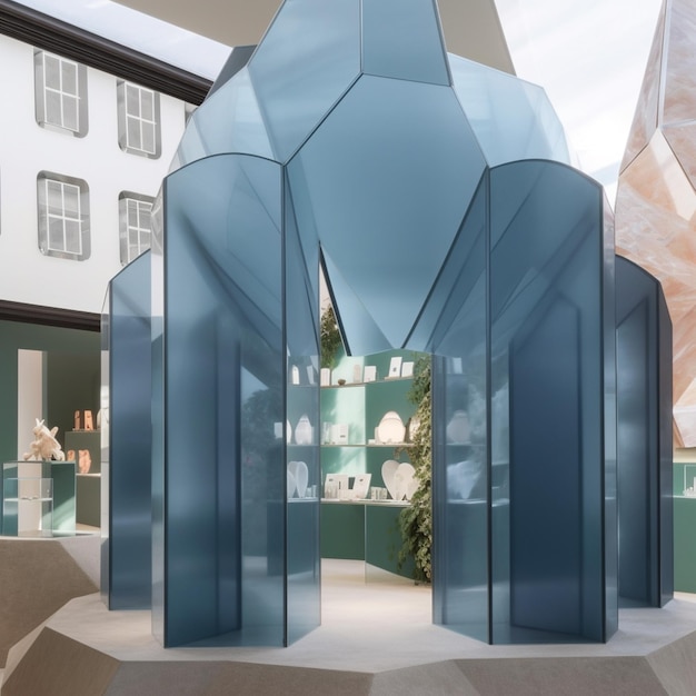 There is a glass structure with a large blue object in it generative ai