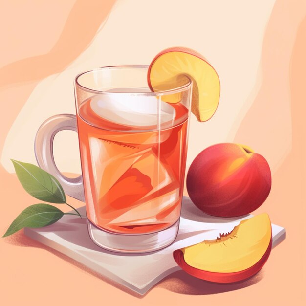 There is a glass of tea with a slice of peach on the table AI Generative