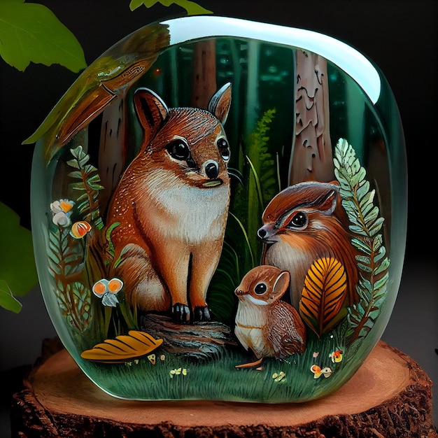 Photo there is a glass vase with a picture of a fox and a rabbit generative ai