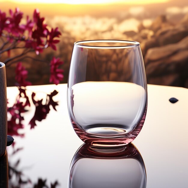 물 한 잔 이 테이블 위 에 앉아 있으며, 그 위 에 꽃병 이 있다.