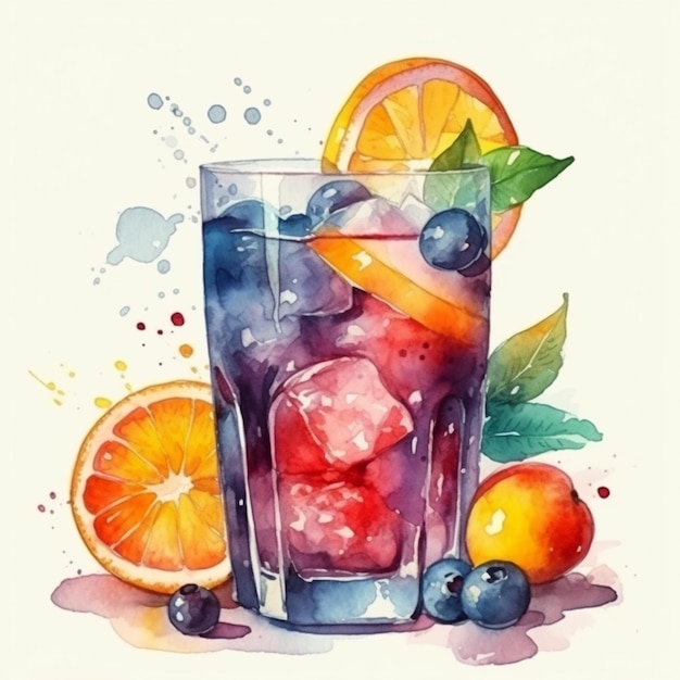 There is a glass of water with ice and fruit on the table generative ai