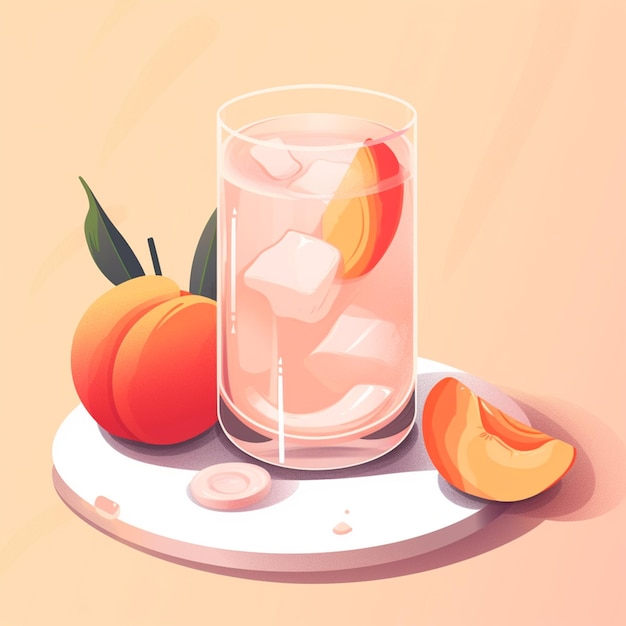 プレートに氷と桃のスライスが入った水のグラスがあります
