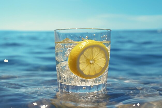 There is a glass of water with a lemon slice in it generative ai