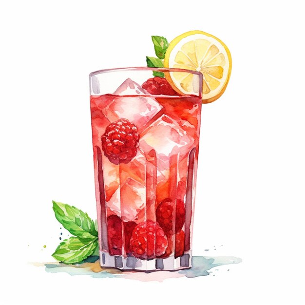 there is a glass of water with a lemon slice and raspberrys generative ai