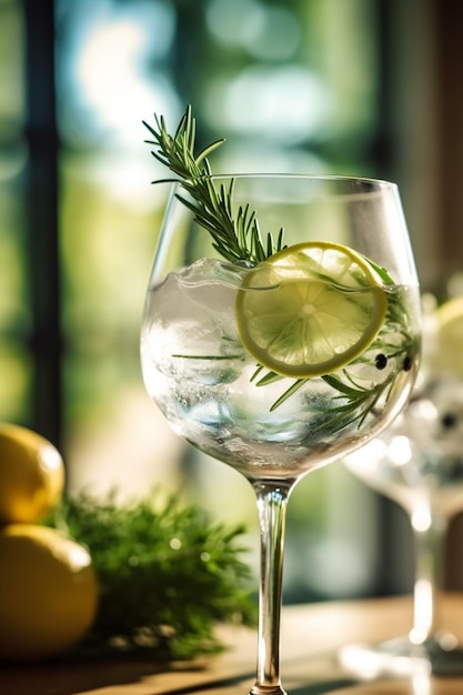 there is a glass of water with a lemon slice and rosemary sprig. generative ai.