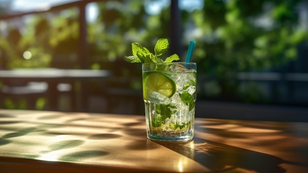 There is a glass of water with a lime slice and mint leaves generative ai