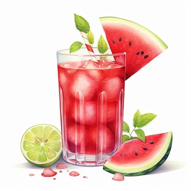 There is a glass of watermelon juice with a slice of lime generative ai