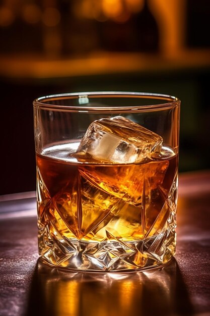 There is a glass of whiskey with ice on the table generative ai