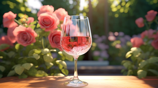 there is a glass of wine sitting on a table in front of flowers generative ai