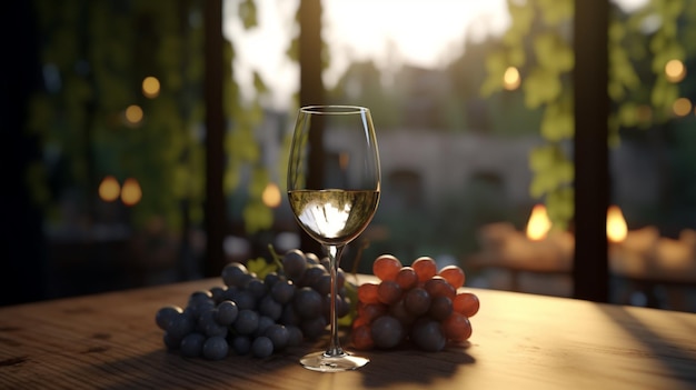 there is a glass of wine and some grapes on a table generative ai