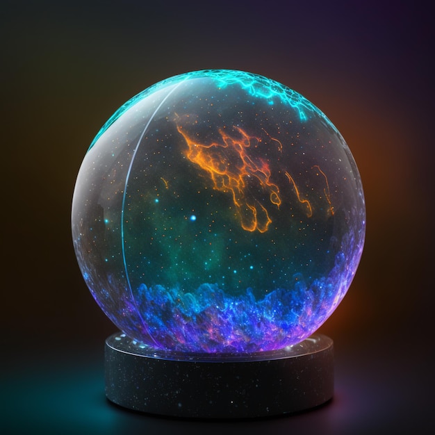 There is a glowing glass ball with a blue and purple design generative ai