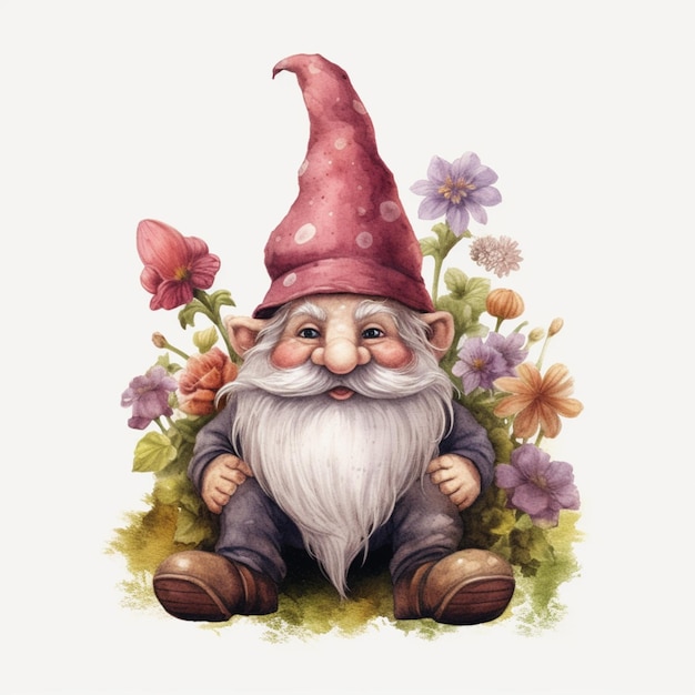 There is a gnome sitting in the grass with flowers generative ai